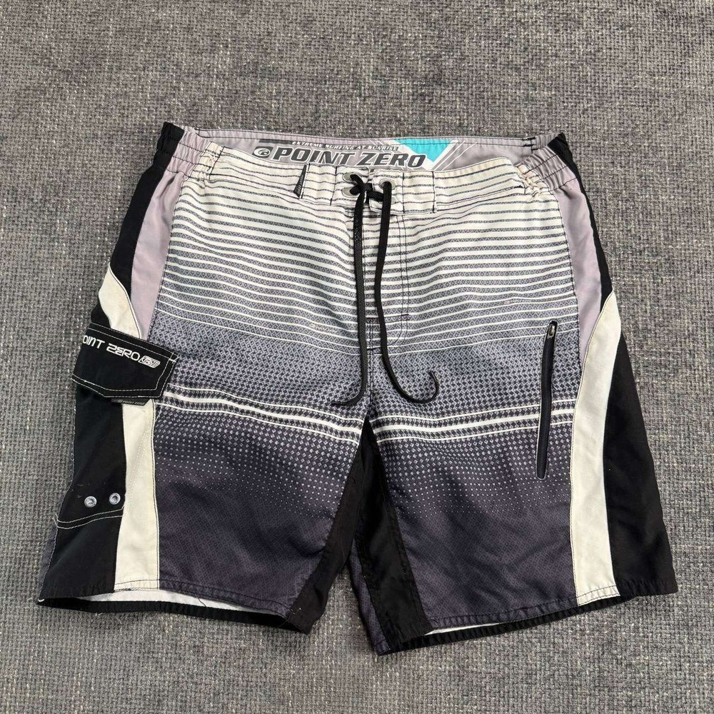 Point Zero Board Shorts Mens 32 Black Grey Gradient Y2K Surf Swim Trunks